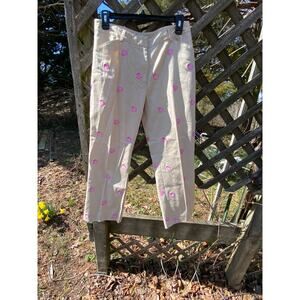 Womens Lilly Pulitzer Size 4 Khaki tan Capri Pants w Embroidered Pink Shells EUC